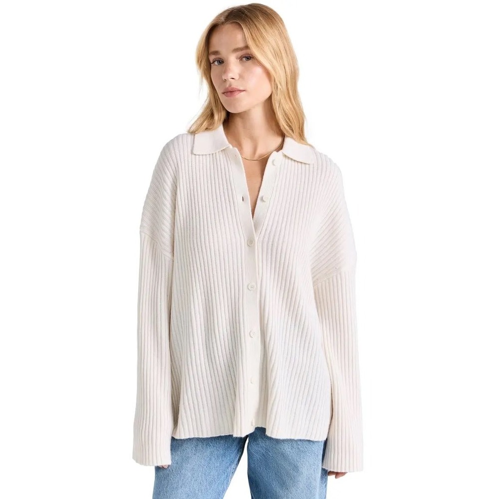 Reformation Ivory Fantino Cashmere Collared Cardigan Ribbed Knit‎ Sweater Size S